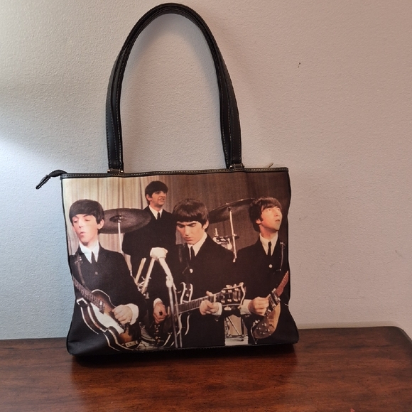 Beatles Band Print Black Zippered Tote Bag - Picture 3 of 13